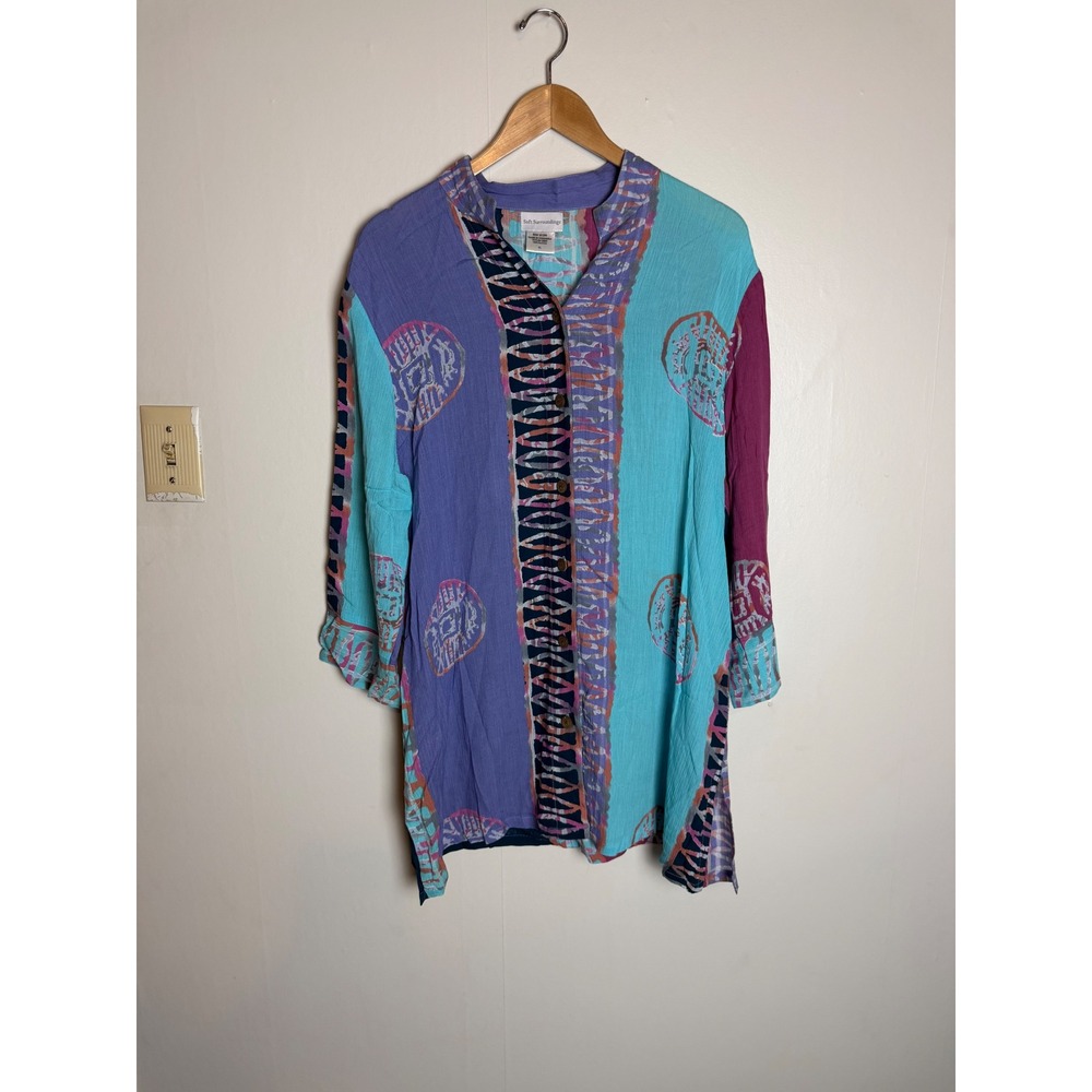 Soft Surroundings XL Tunic Top Batik Patchwork Rayon Button boho shirt coastal